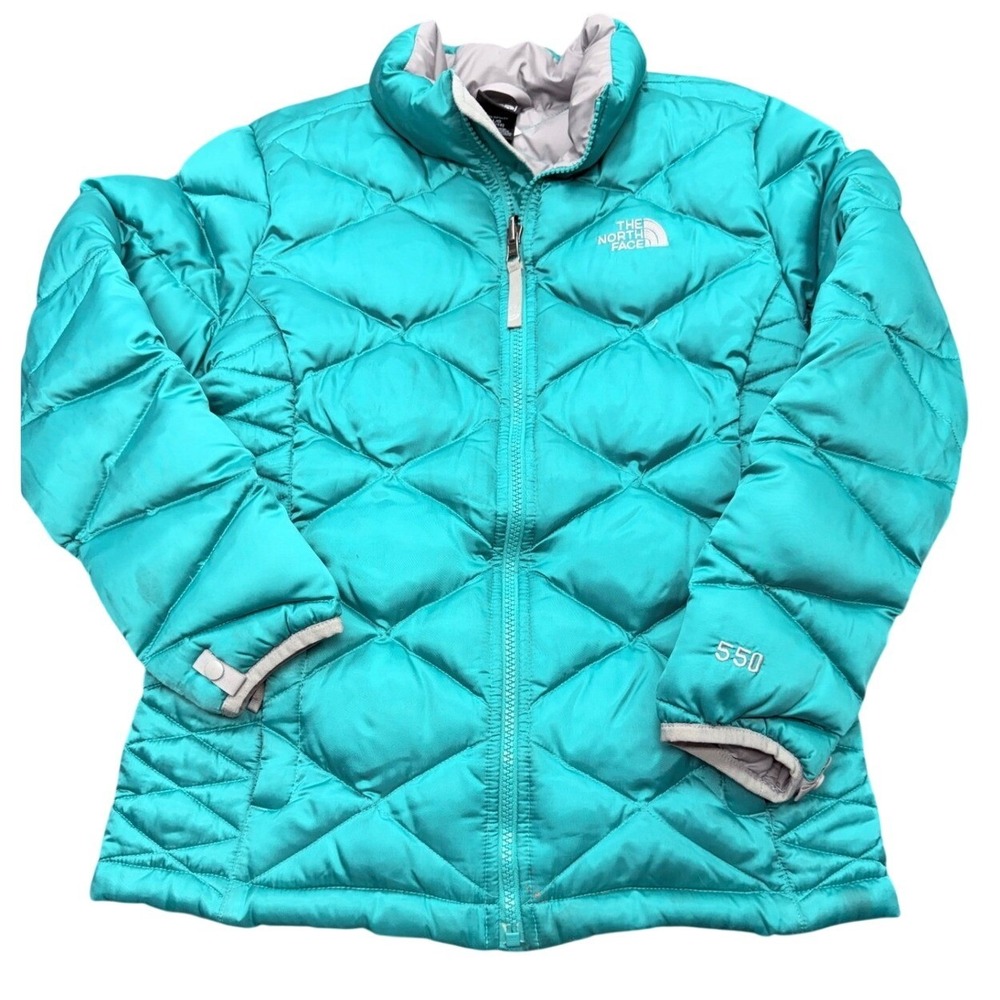 The North Face 550 Down Puffer Jacket Kids Teal Diamond Quilted Full Zip Coat